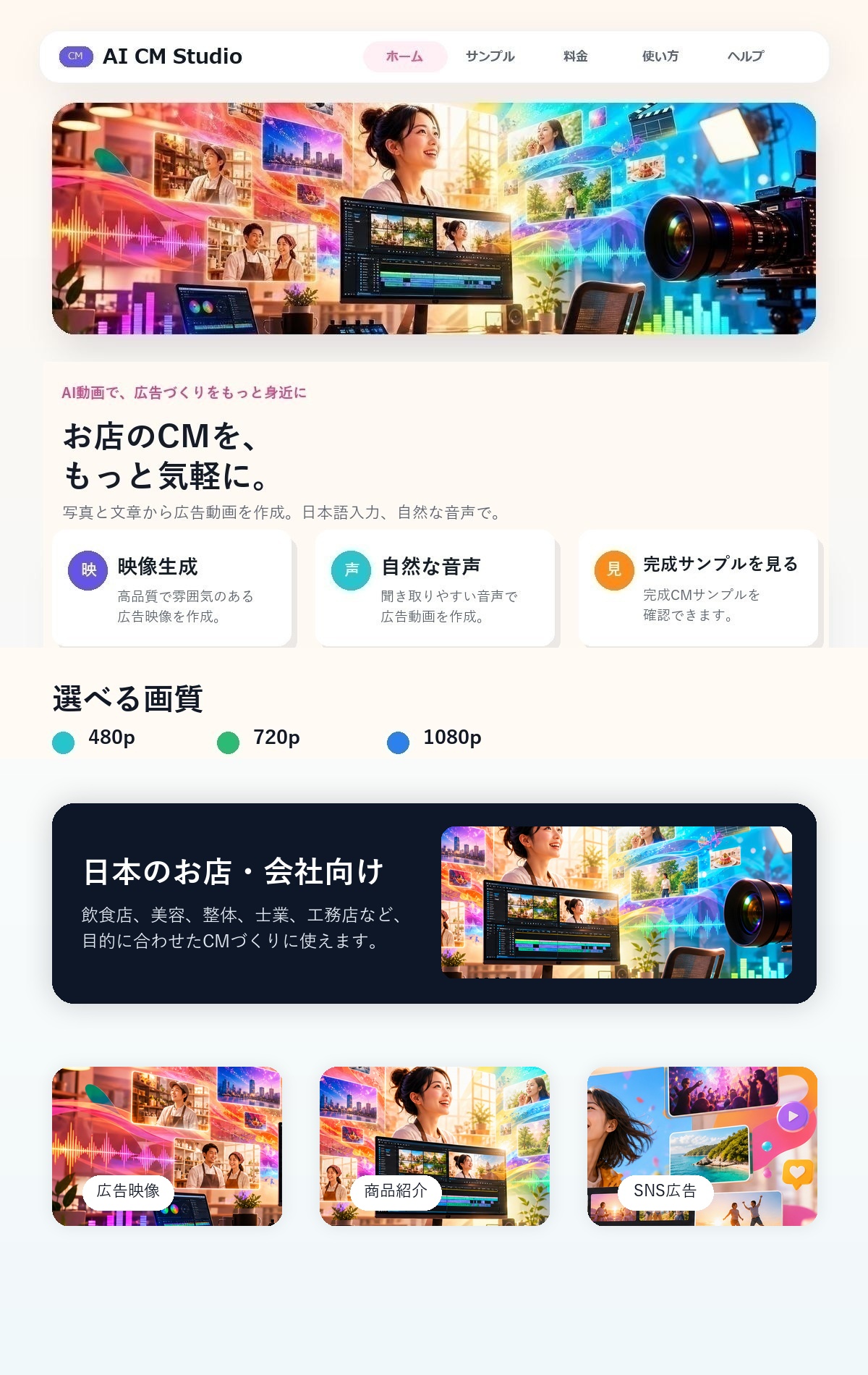AI動画広告さんの説明、機能、料金、サンプル案内